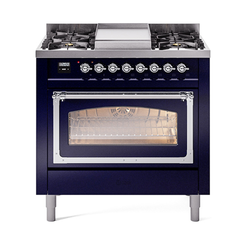 ILVE UN36FNMPMBCLP Nostalgie II Noblesse 36" Dual Fuel Range (Liquid Propane, Triple Glass Door, Midnight Blue, Chrome)