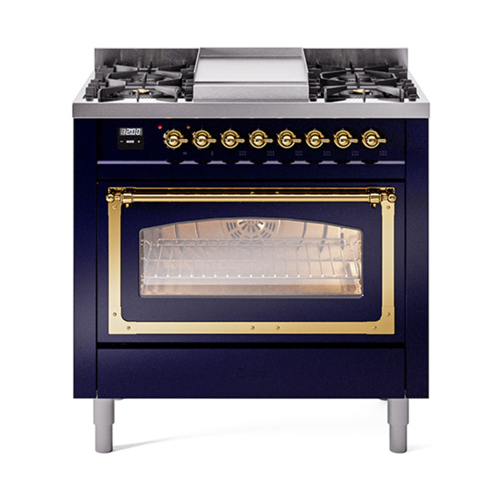 ILVE UN36FNMPMBGLP Nostalgie II Noblesse 36" Dual Fuel Range (Liquid Propane, Triple Glass Door, Midnight Blue, Brass)