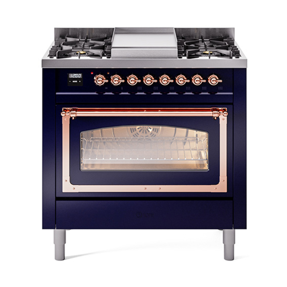 ILVE UN36FNMPMBPLP Nostalgie II Noblesse 36" Dual Fuel Range (Liquid Propane, Triple Glass Door, Midnight Blue, Copper)