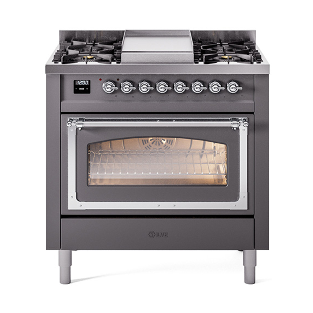 ILVE UN36FNMPMGCLP Nostalgie II Noblesse 36" Dual Fuel Range (Liquid Propane, Triple Glass Door, Graphite Matte, Chrome)