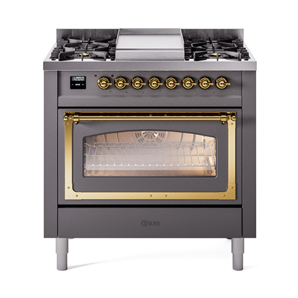 ILVE UN36FNMPMGGLP Nostalgie II Noblesse 36" Dual Fuel Range (Liquid Propane, Triple Glass Door, Graphite Matte, Brass)