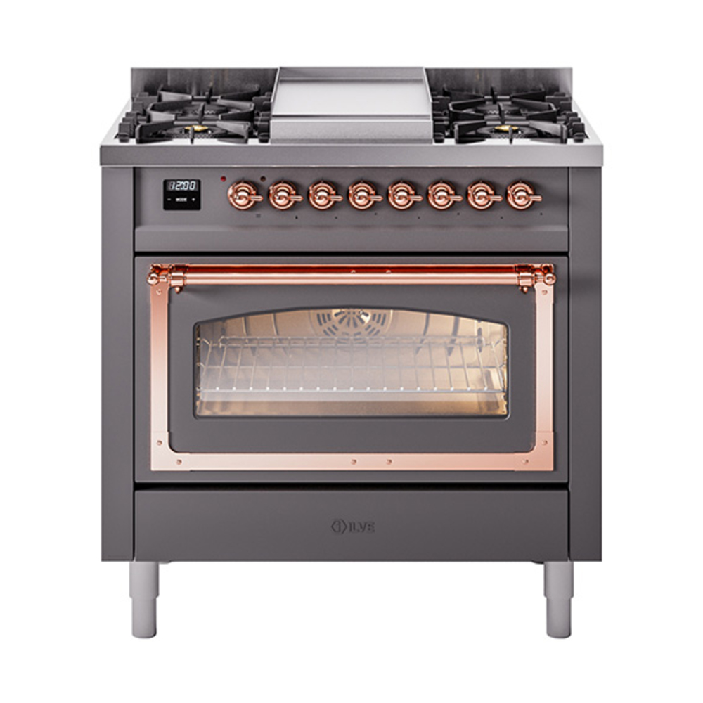 ILVE UN36FNMPMGPLP Nostalgie II Noblesse 36" Dual Fuel Range (Liquid Propane, Triple Glass Door, Graphite Matte, Copper)