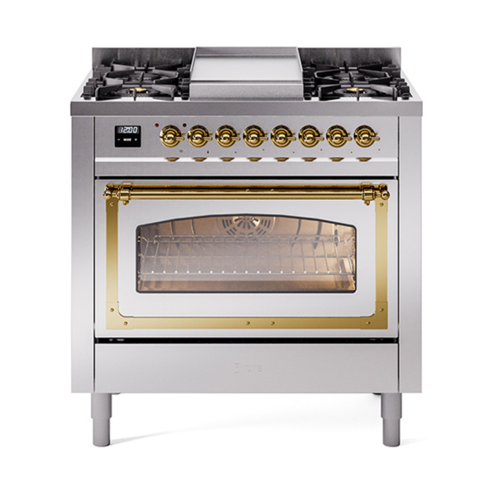 ILVE UN36FNMPSSGLP Nostalgie II Noblesse 36" Dual Fuel Range (Liquid Propane, Triple Glass Door, Stainless Steel, Brass)