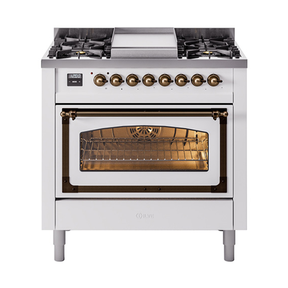 ILVE UN36FNMPWHBLP Nostalgie II Noblesse 36" Dual Fuel Range (Liquid Propane, Triple Glass Door, White, Bronze)