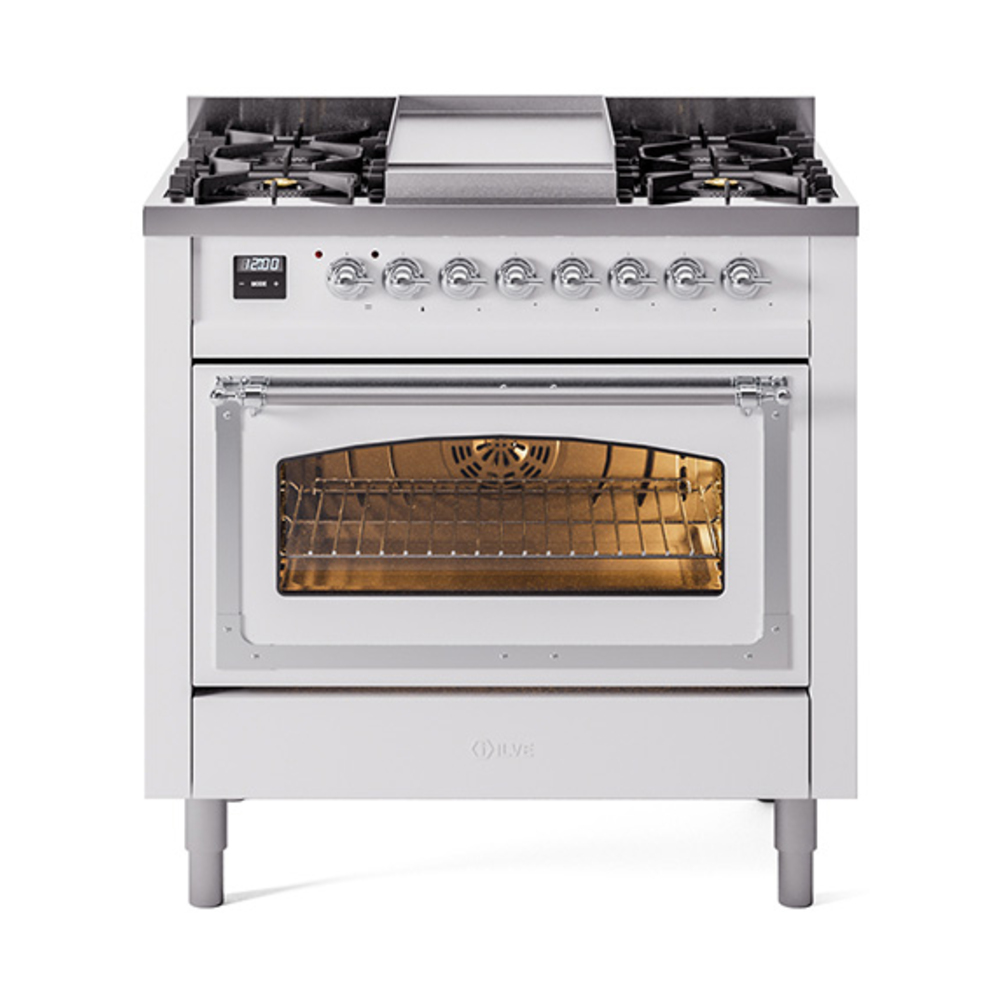 ILVE UN36FNMPWHCLP Nostalgie II Noblesse 36" Dual Fuel Range (Liquid Propane, Triple Glass Door, White, Chrome)