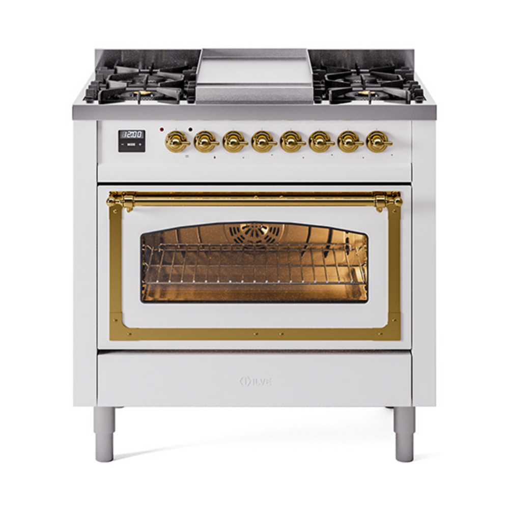 ILVE UN36FNMPWHGLP Nostalgie II Noblesse 36" Dual Fuel Range (Liquid Propane, Triple Glass Door, White, Brass)