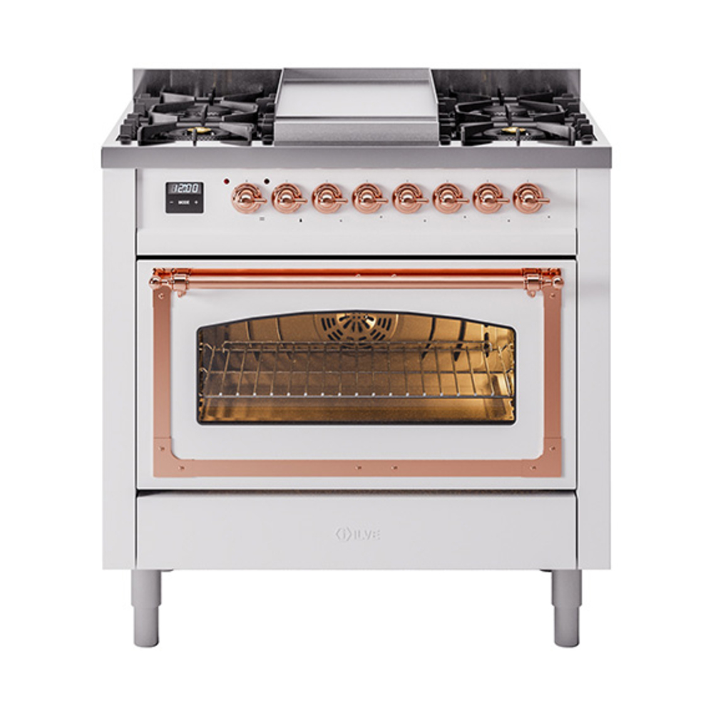 ILVE UN36FNMPWHPLP Nostalgie II Noblesse 36" Dual Fuel Range (Liquid Propane, Triple Glass Door, White, Copper)