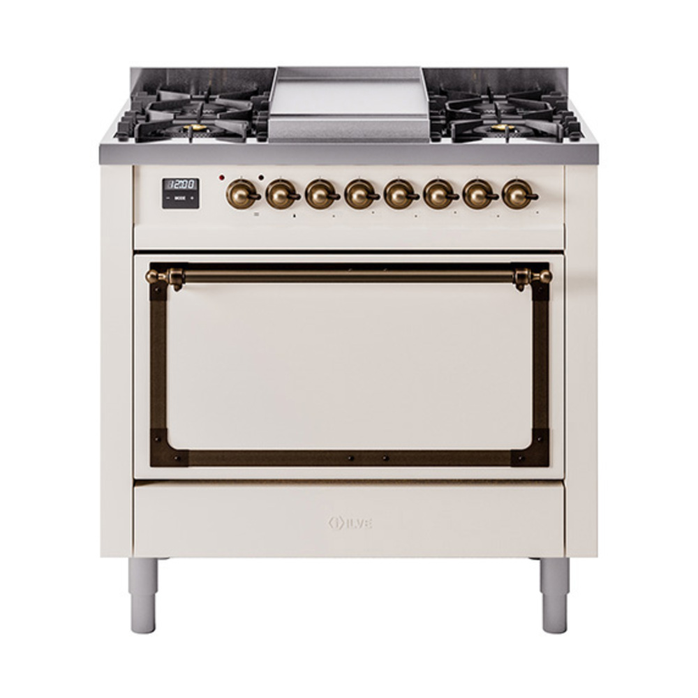 ILVE UN36FQNMPAWBLP Nostalgie II Noblesse 36" Dual Fuel Range (Liquid Propane, Solid Door, Antique White, Burnished)