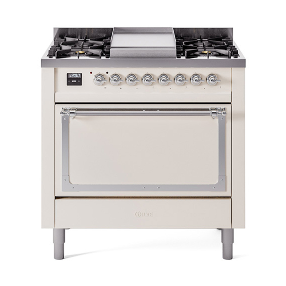 ILVE UN36FQNMPAWCLP Nostalgie II Noblesse 36" Dual Fuel Range (Liquid Propane, Solid Door, Antique White, Chrome)