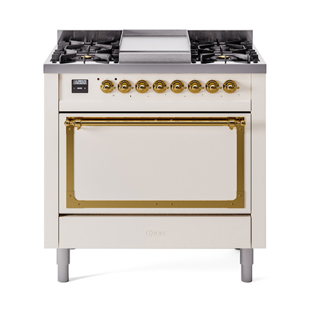 ILVE UN36FQNMPAWGLP Nostalgie II Noblesse 36" Dual Fuel Range (Liquid Propane, Solid Door, Antique White, Brass)