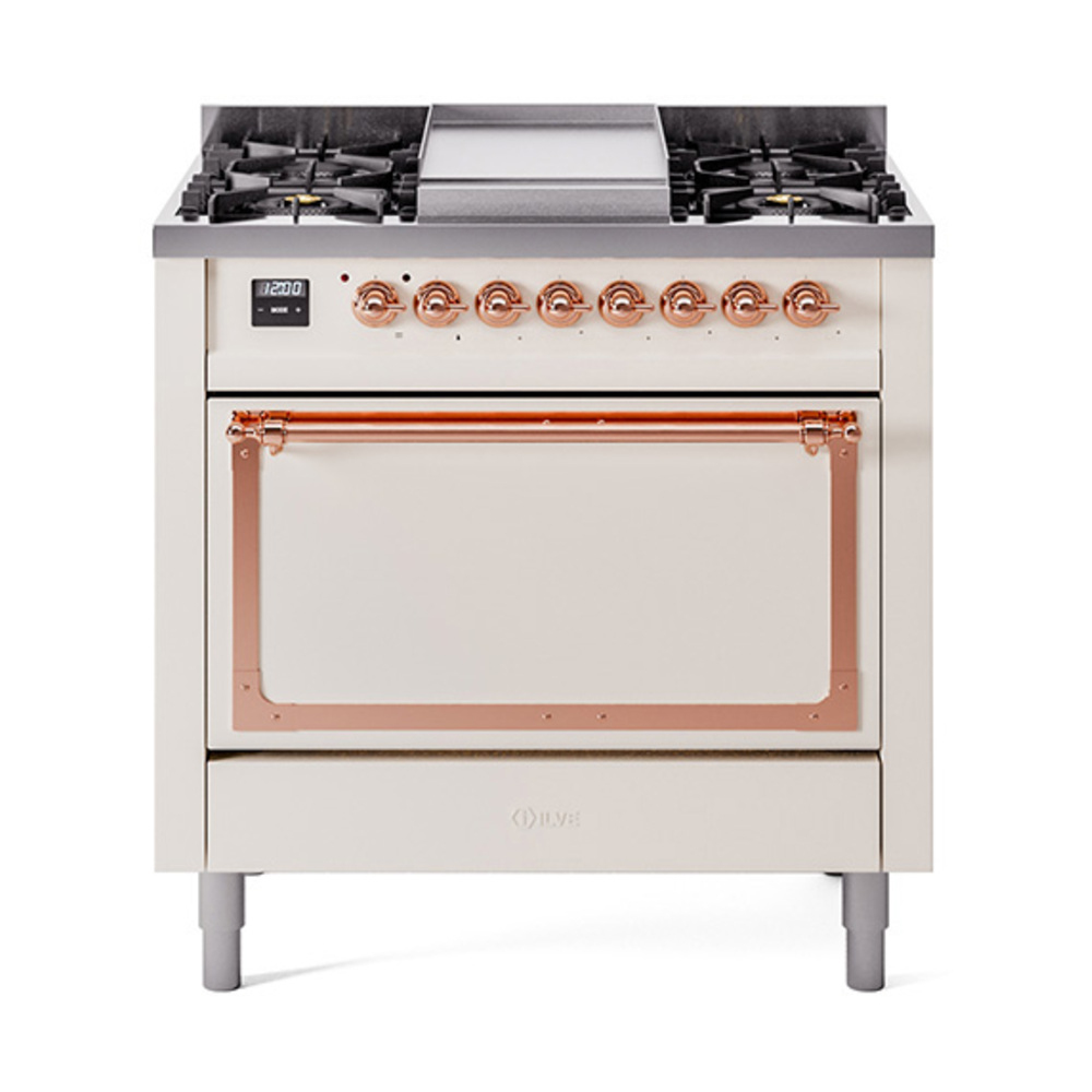 ILVE UN36FQNMPAWPLP Nostalgie II Noblesse 36" Dual Fuel Range (Liquid Propane, Solid Door, Antique White, Copper)