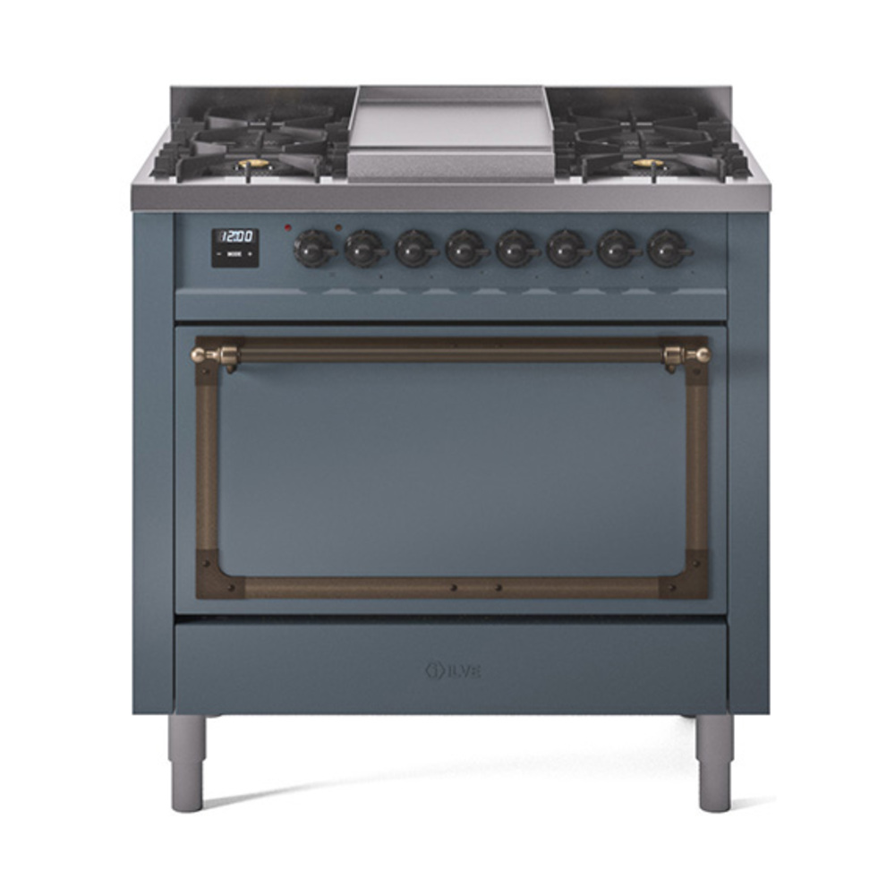 ILVE UN36FQNMPBGBLP Nostalgie II Noblesse 36" Dual Fuel Range (Liquid Propane, Solid Door, Blue Grey, Bronze)