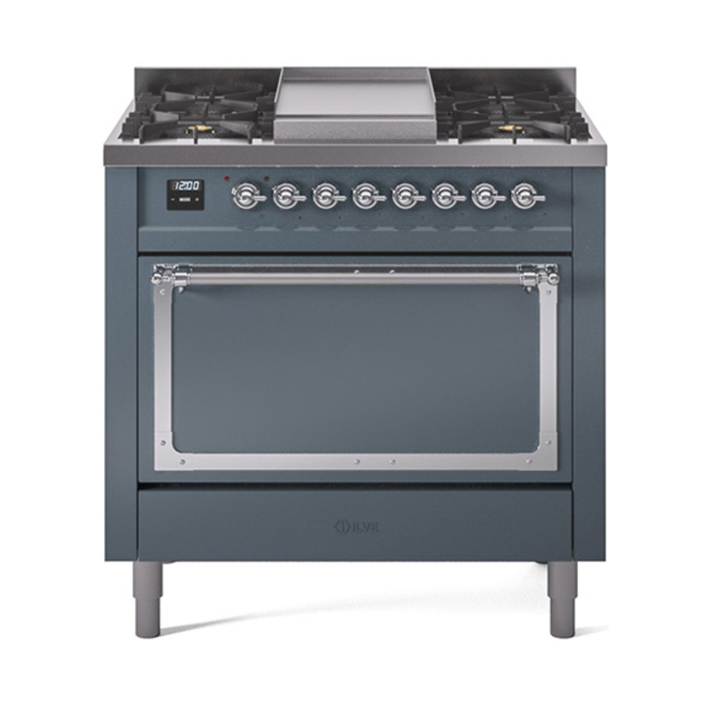 ILVE UN36FQNMPBGCLP Nostalgie II Noblesse 36" Dual Fuel Range (Liquid Propane, Solid Door, Blue Grey, Chrome)