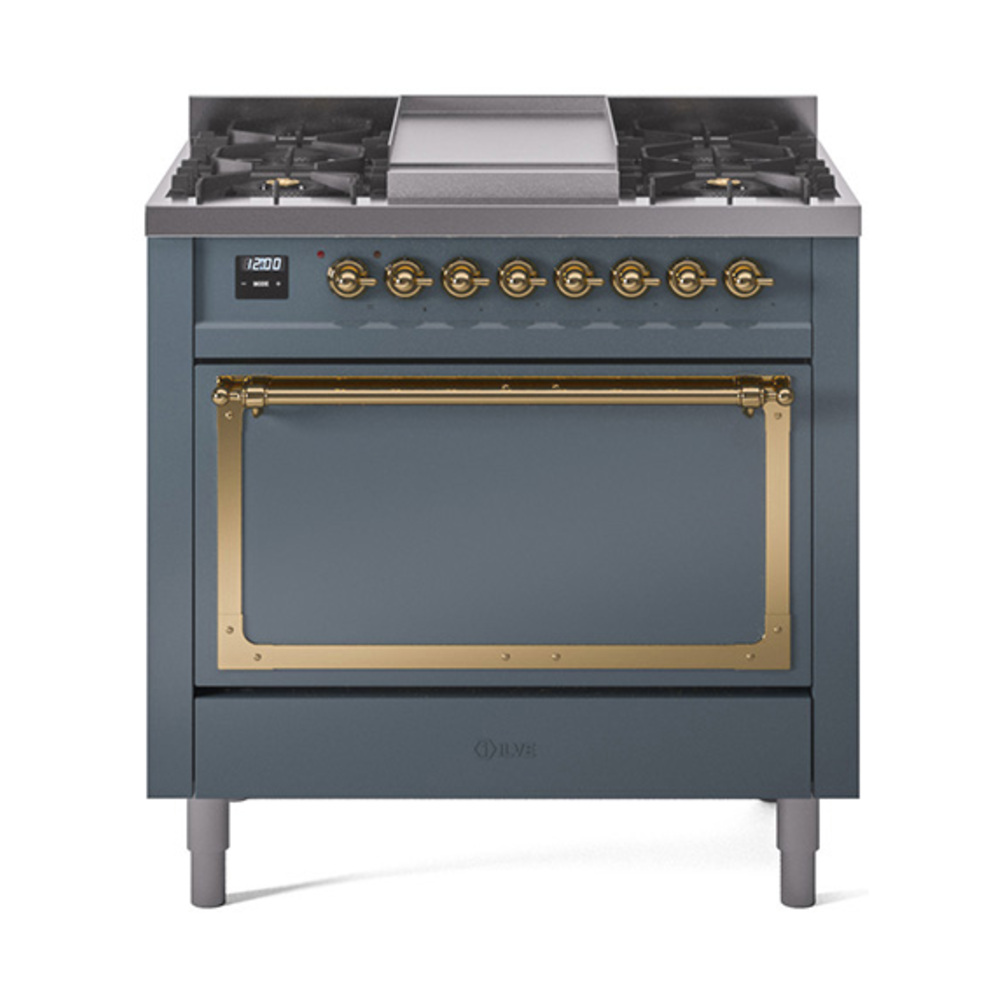 ILVE UN36FQNMPBGGLP Nostalgie II Noblesse 36" Dual Fuel Range (Liquid Propane, Solid Door, Blue Grey, Brass)