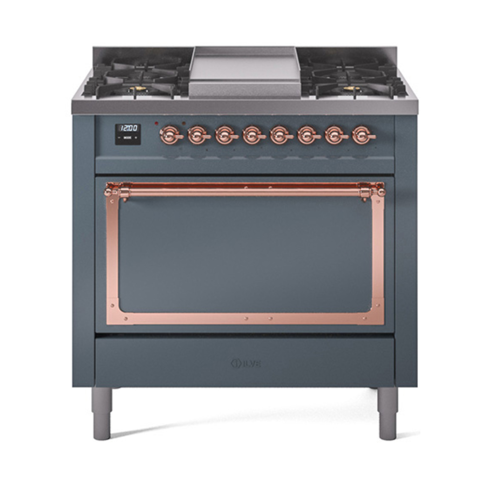 ILVE UN36FQNMPBGPLP Nostalgie II Noblesse 36" Dual Fuel Range (Liquid Propane, Solid Door, Blue Grey, Copper)