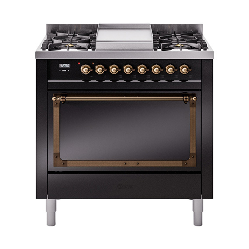 ILVE UN36FQNMPBKBLP Nostalgie II Noblesse 36" Dual Fuel Range (Liquid Propane, Solid Door, Glossy Black, Burnished)