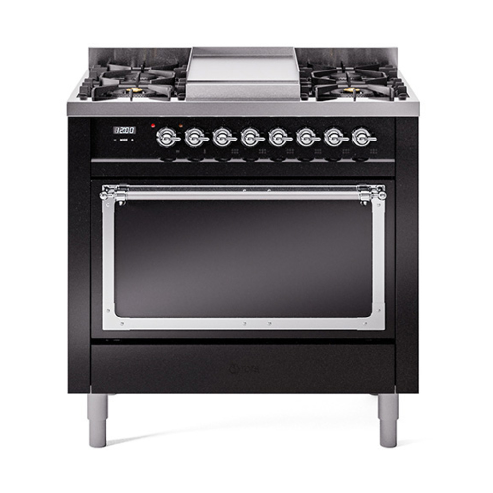 ILVE UN36FQNMPBKCLP Nostalgie II Noblesse 36" Dual Fuel Range (Liquid Propane, Solid Door, Glossy Black, Chrome)