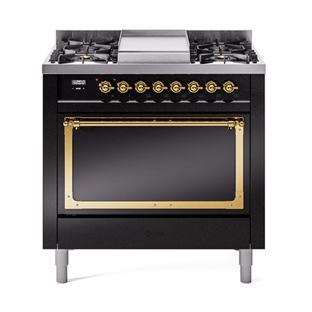 ILVE UN36FQNMPBKGLP Nostalgie II Noblesse 36" Dual Fuel Range (Liquid Propane, Solid Door, Glossy Black, Brass)