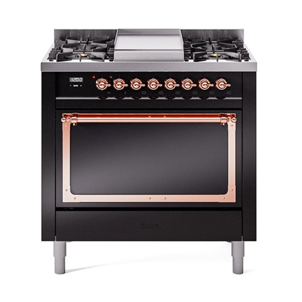 ILVE UN36FQNMPBKPLP Nostalgie II Noblesse 36" Dual Fuel Range (Liquid Propane, Solid Door, Glossy Black, Copper)