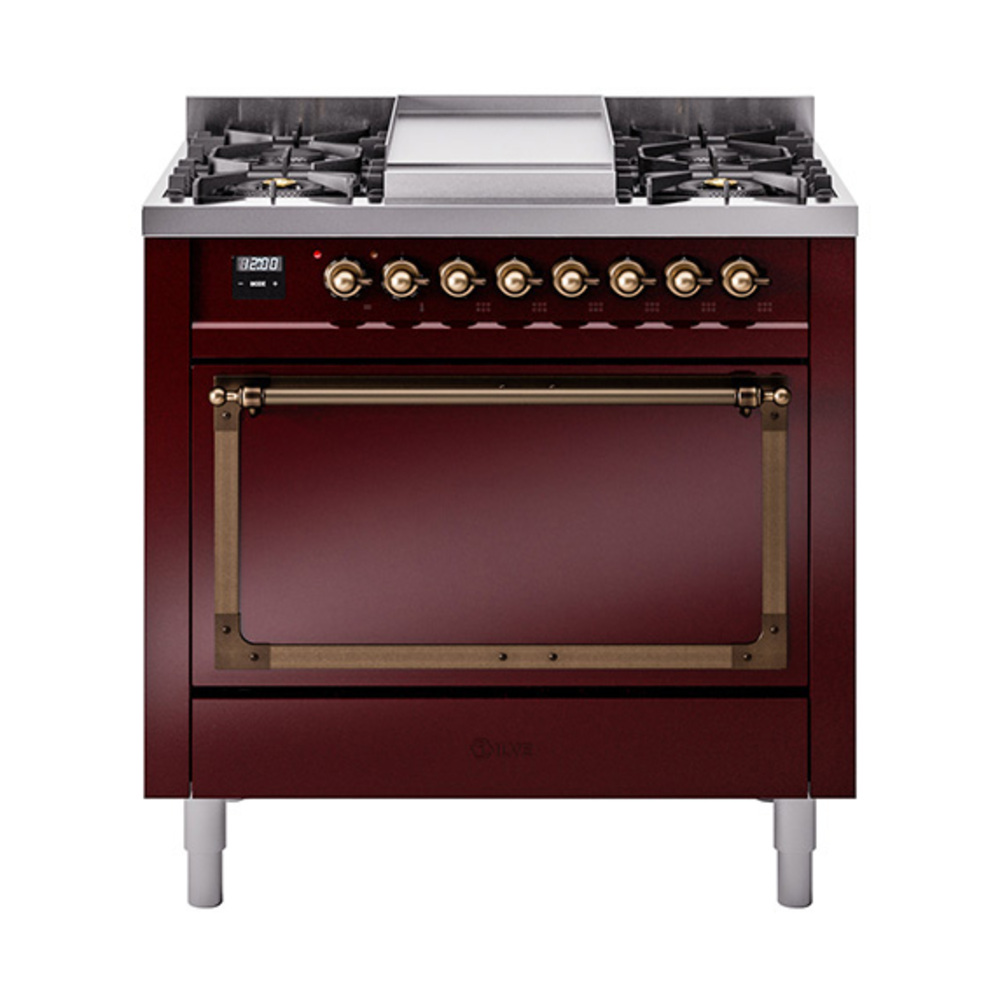 ILVE UN36FQNMPBUBLP Nostalgie II Noblesse 36" Dual Fuel Range (Liquid Propane, Solid Door, Burgundy, Bronze)