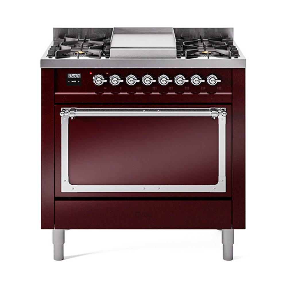 ILVE UN36FQNMPBUCLP Nostalgie II Noblesse 36" Dual Fuel Range (Liquid Propane, Solid Door, Burgundy, Chrome)