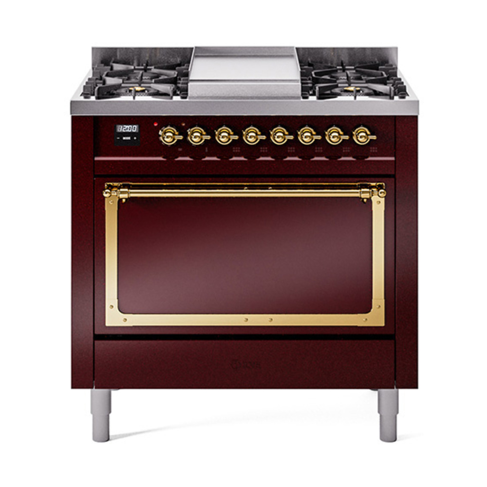 ILVE UN36FQNMPBUGLP Nostalgie II Noblesse 36" Dual Fuel Range (Liquid Propane, Solid Door, Burgundy, Brass)