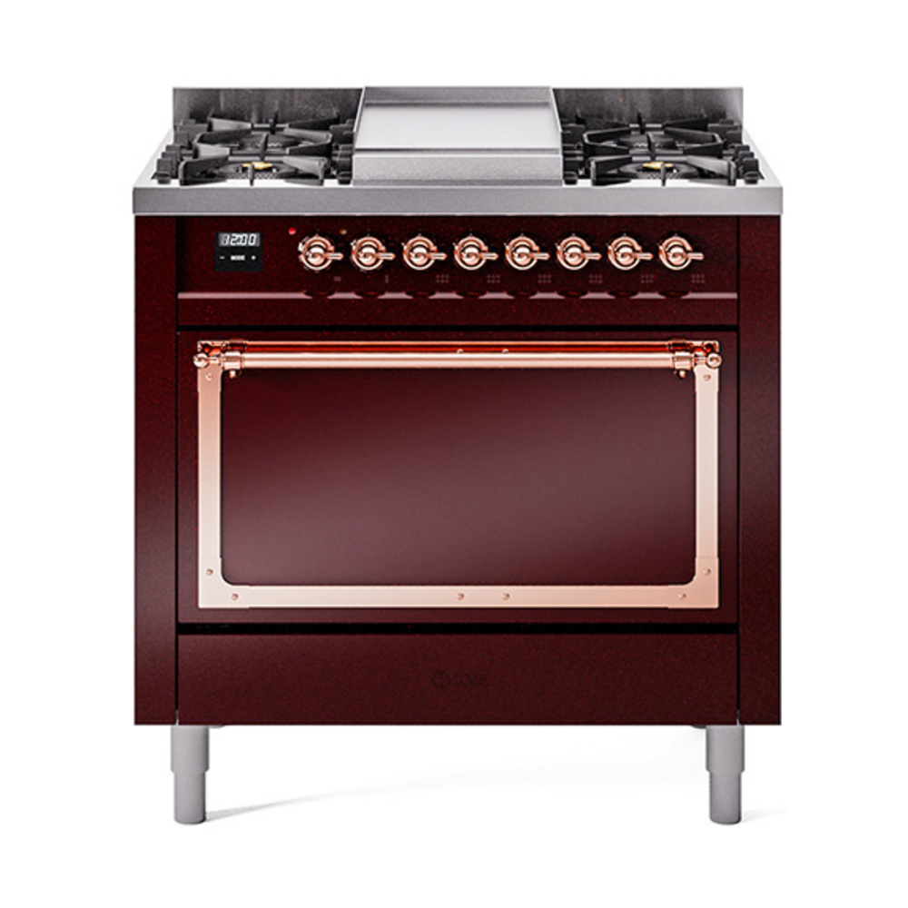 ILVE UN36FQNMPBUPLP Nostalgie II Noblesse 36" Dual Fuel Range (Liquid Propane, Solid Door, Burgundy, Copper)