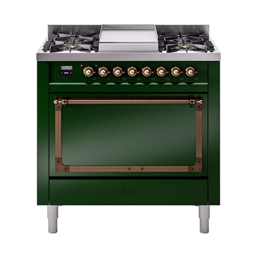 ILVE UN36FQNMPEGBLP Nostalgie II Noblesse 36" Dual Fuel Range (Liquid Propane, Solid Door, Emerald Green, Burnished)