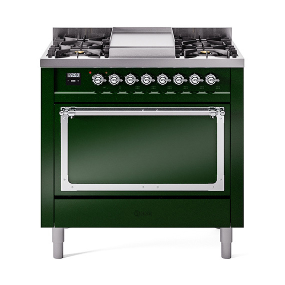 ILVE UN36FQNMPEGCLP Nostalgie II Noblesse 36" Dual Fuel Range (Liquid Propane, Solid Door, Emerald Green, Chrome)