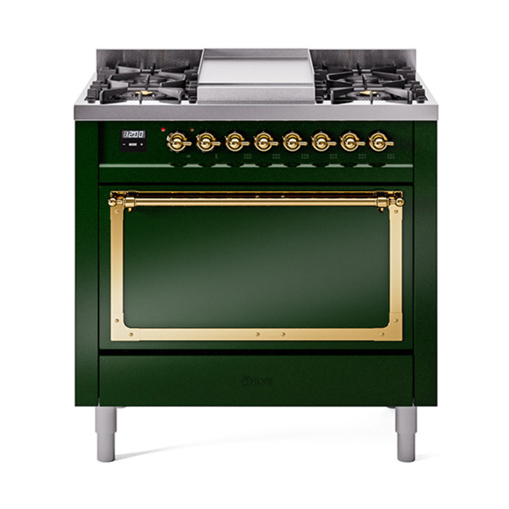 ILVE UN36FQNMPEGGLP Nostalgie II Noblesse 36" Dual Fuel Range (Liquid Propane, Solid Door, Emerald Green, Brass)