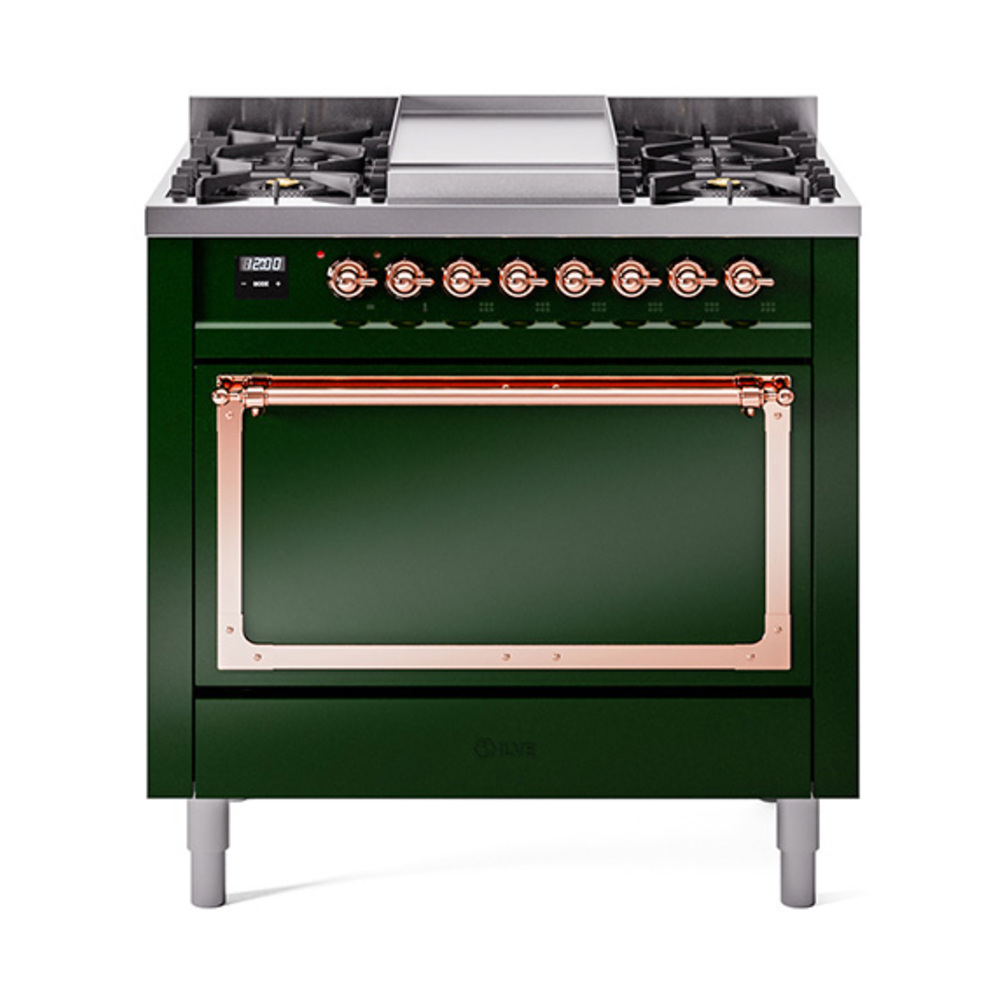 ILVE UN36FQNMPEGPLP Nostalgie II Noblesse 36" Dual Fuel Range (Liquid Propane, Solid Door, Emerald Green, Copper)