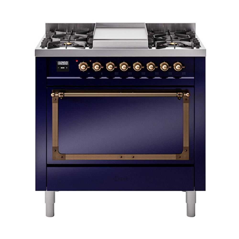 ILVE UN36FQNMPMBBLP Nostalgie II Noblesse 36" Dual Fuel Range (Liquid Propane, Solid Door, Midnight Blue, Bronze)