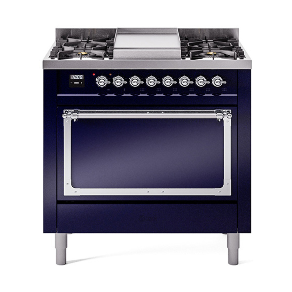 ILVE UN36FQNMPMBCLP Nostalgie II Noblesse 36" Dual Fuel Range (Liquid Propane, Solid Door, Midnight Blue, Chrome)