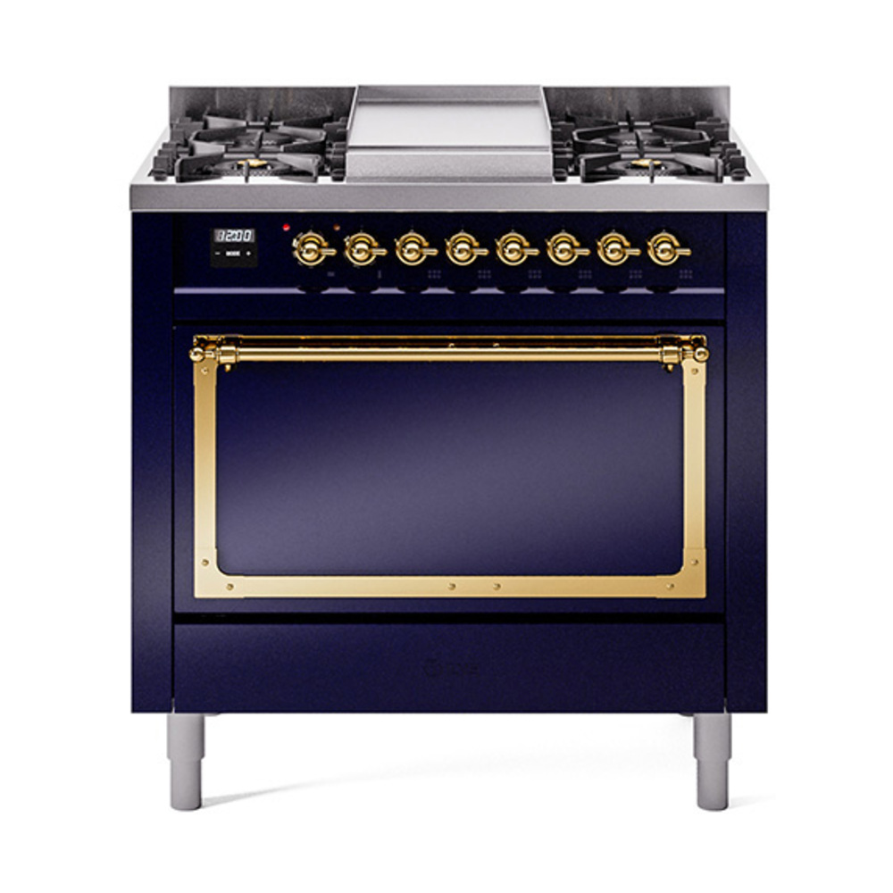 ILVE UN36FQNMPMBGLP Nostalgie II Noblesse 36" Dual Fuel Range (Liquid Propane, Solid Door, Midnight Blue, Brass)