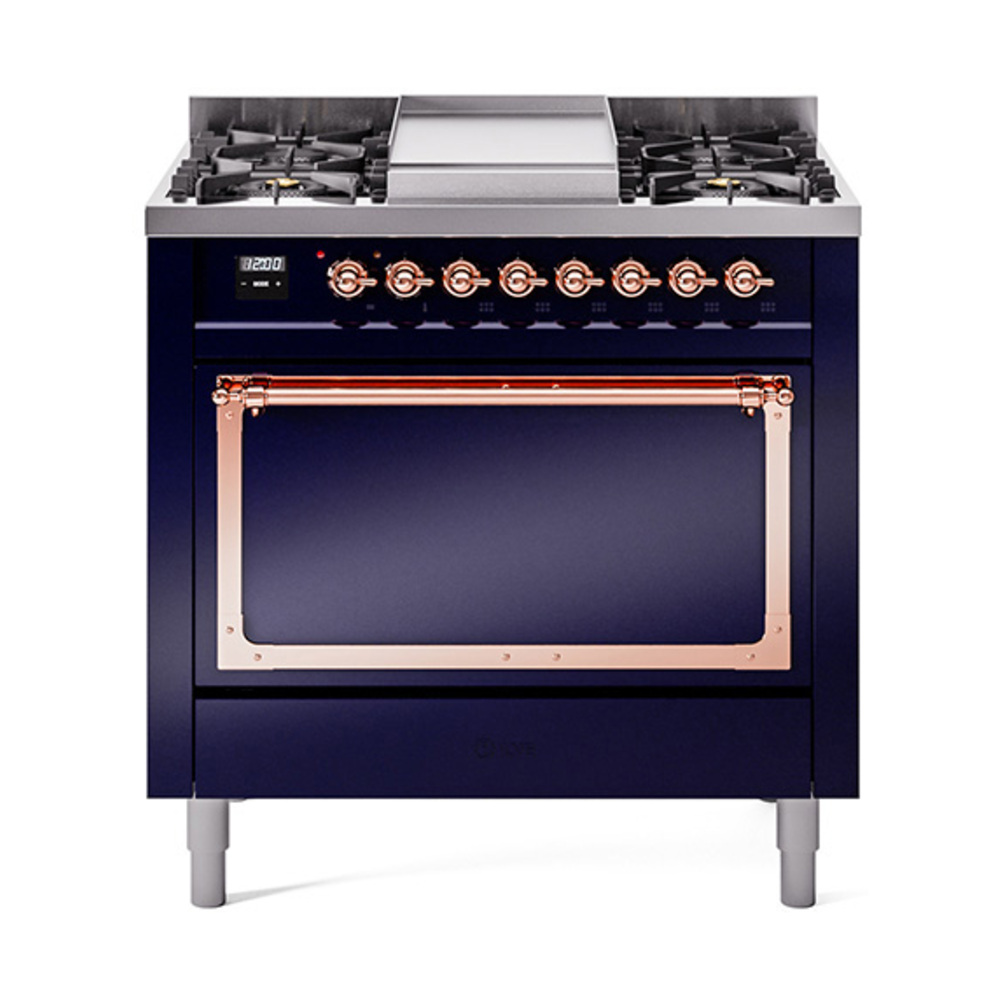 ILVE UN36FQNMPMBPLP Nostalgie II Noblesse 36" Dual Fuel Range (Liquid Propane, Solid Door, Midnight Blue, Copper)