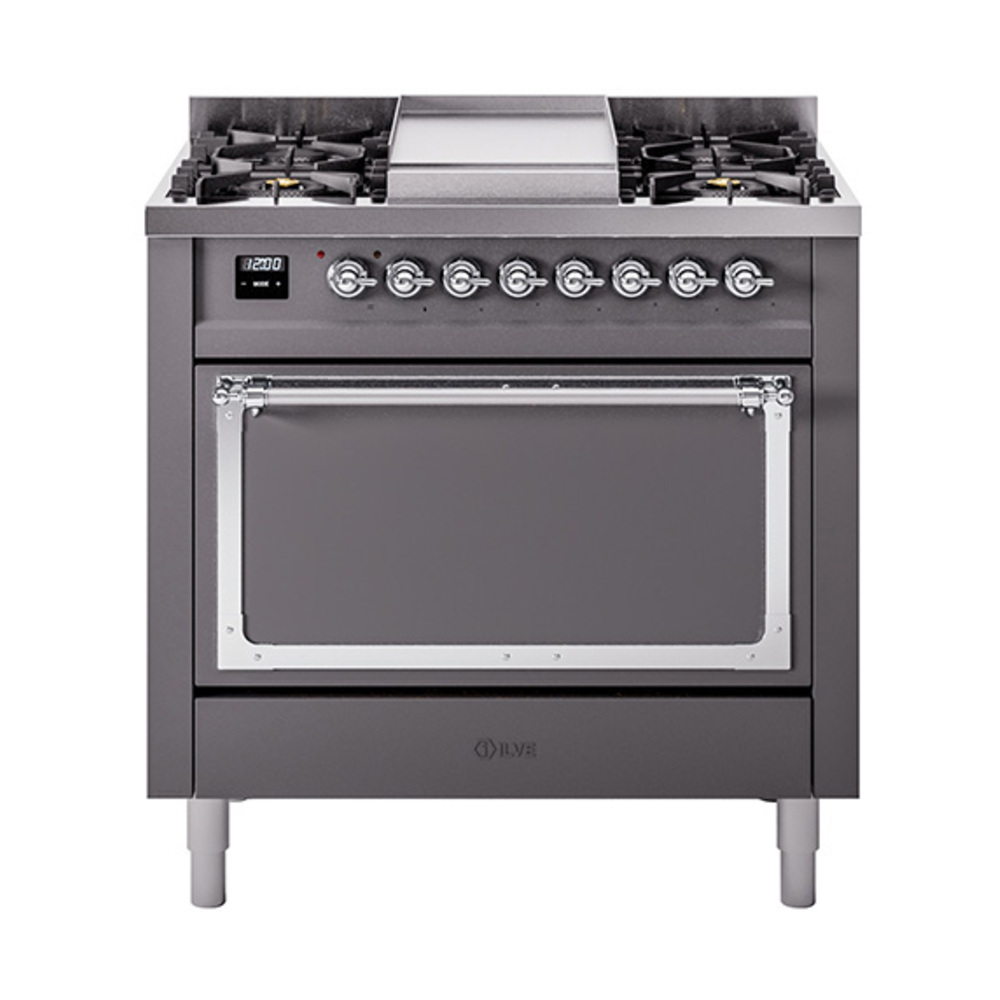 ILVE UN36FQNMPMGCLP Nostalgie II Noblesse 36" Dual Fuel Range (Liquid Propane, Solid Door, Graphite Matte, Chrome)