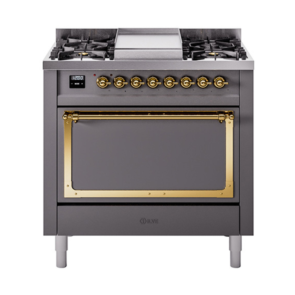 ILVE UN36FQNMPMGGLP Nostalgie II Noblesse 36" Dual Fuel Range (Liquid Propane, Solid Door, Graphite Matte, Brass)