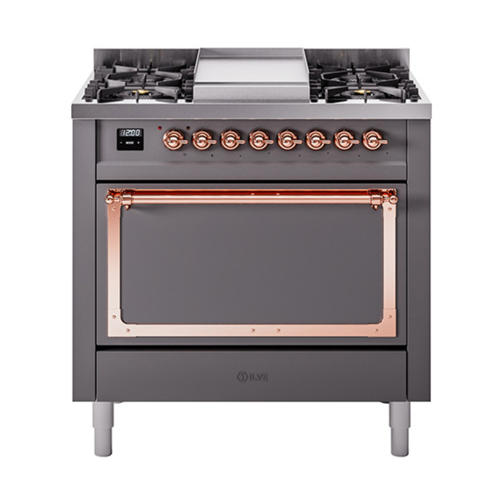 ILVE UN36FQNMPMGPLP Nostalgie II Noblesse 36" Dual Fuel Range (Liquid Propane, Solid Door, Graphite Matte, Copper)