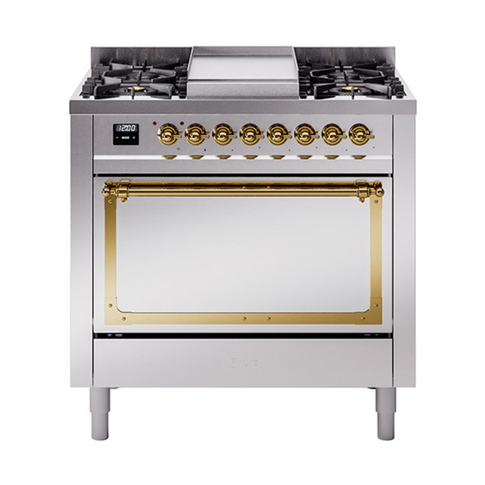 ILVE UN36FQNMPSSGLP Nostalgie II Noblesse 36" Dual Fuel Range (Liquid Propane, Solid Door, Stainless Steel, Brass)