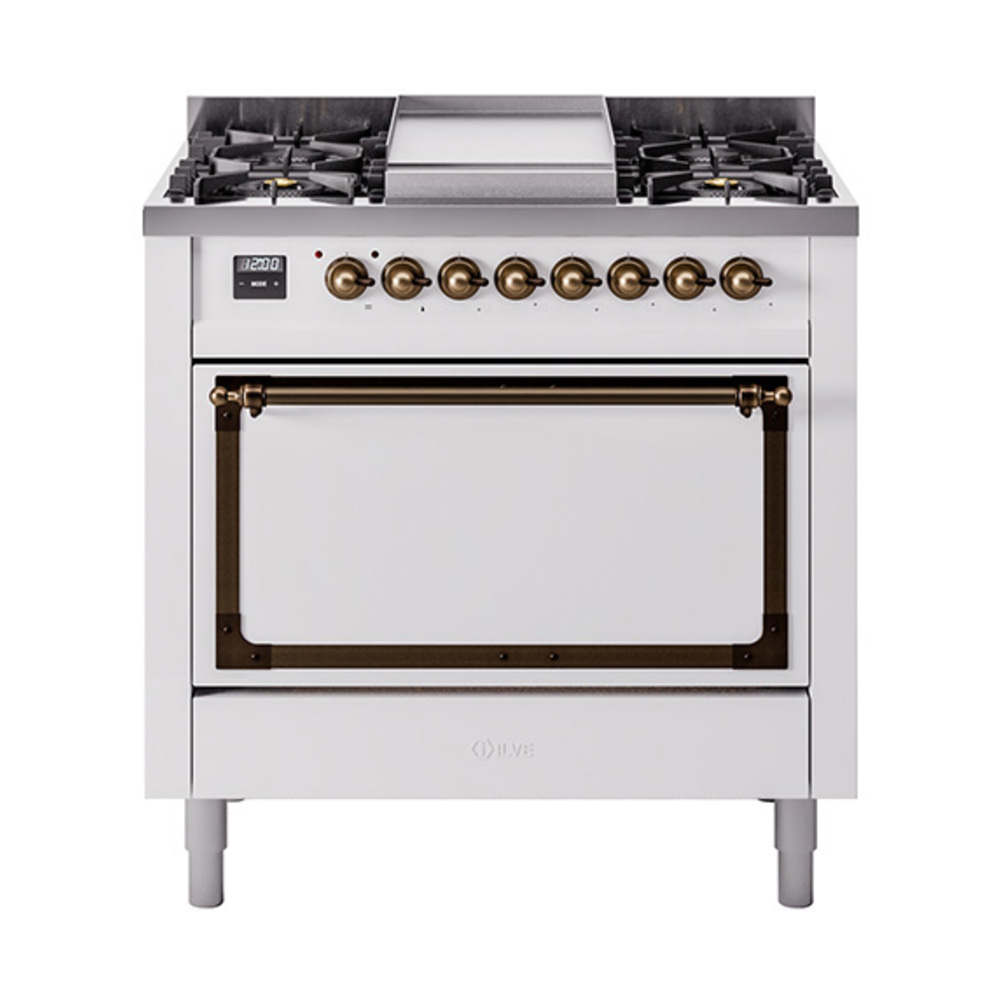 ILVE UN36FQNMPWHBLP Nostalgie II Noblesse 36" Dual Fuel Range (Liquid Propane, Solid Door, White, Burnished)