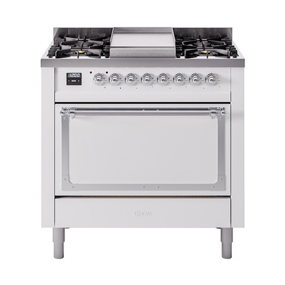 ILVE UN36FQNMPWHCLP Nostalgie II Noblesse 36" Dual Fuel Range (Liquid Propane, Solid Door, White, Chrome)