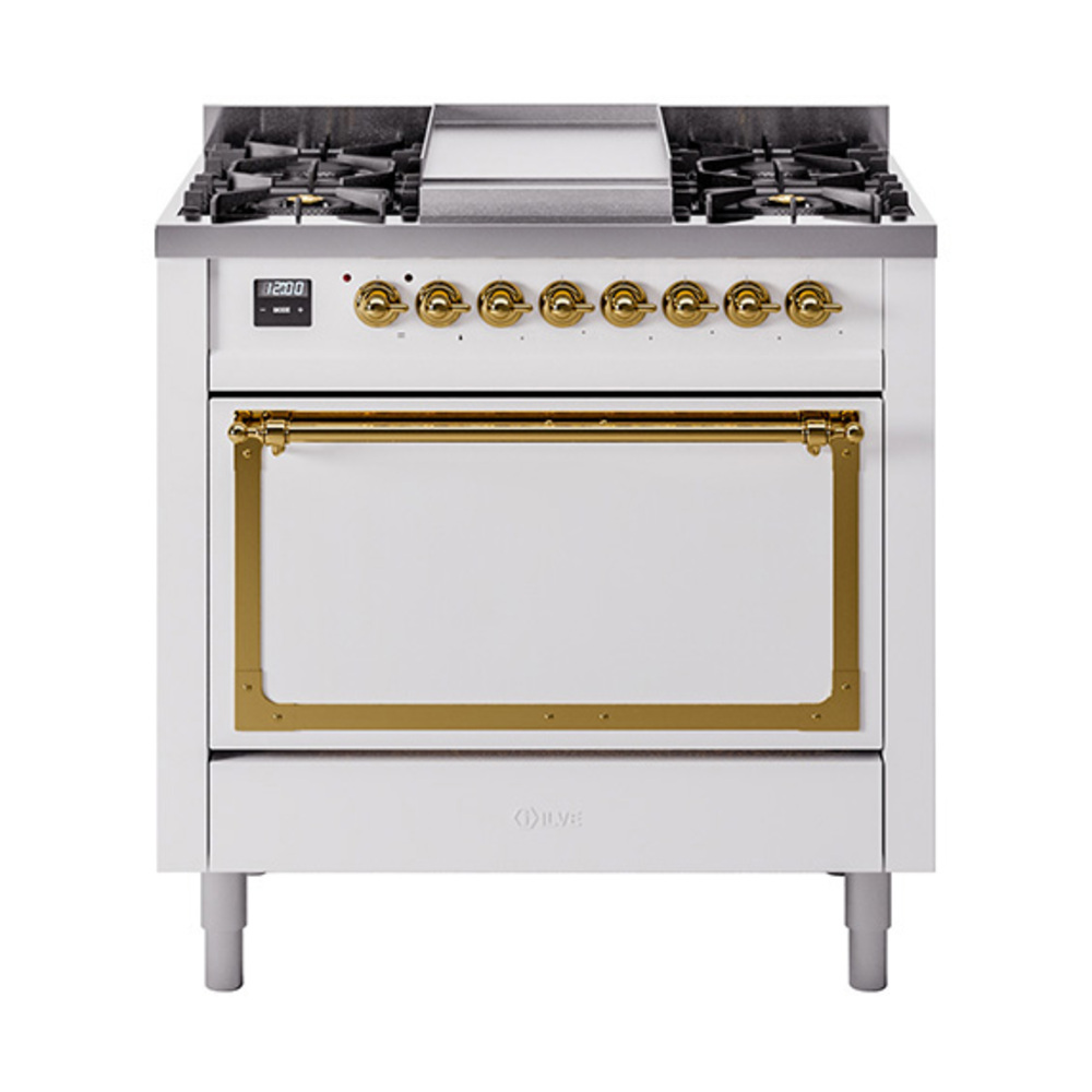 ILVE UN36FQNMPWHGLP Nostalgie II Noblesse 36" Dual Fuel Range (Liquid Propane, Solid Door, White, Brass)