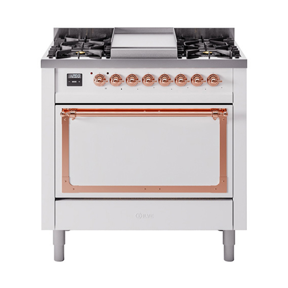 ILVE UN36FQNMPWHPLP Nostalgie II Noblesse 36" Dual Fuel Range (Liquid Propane, Solid Door, White, Copper)