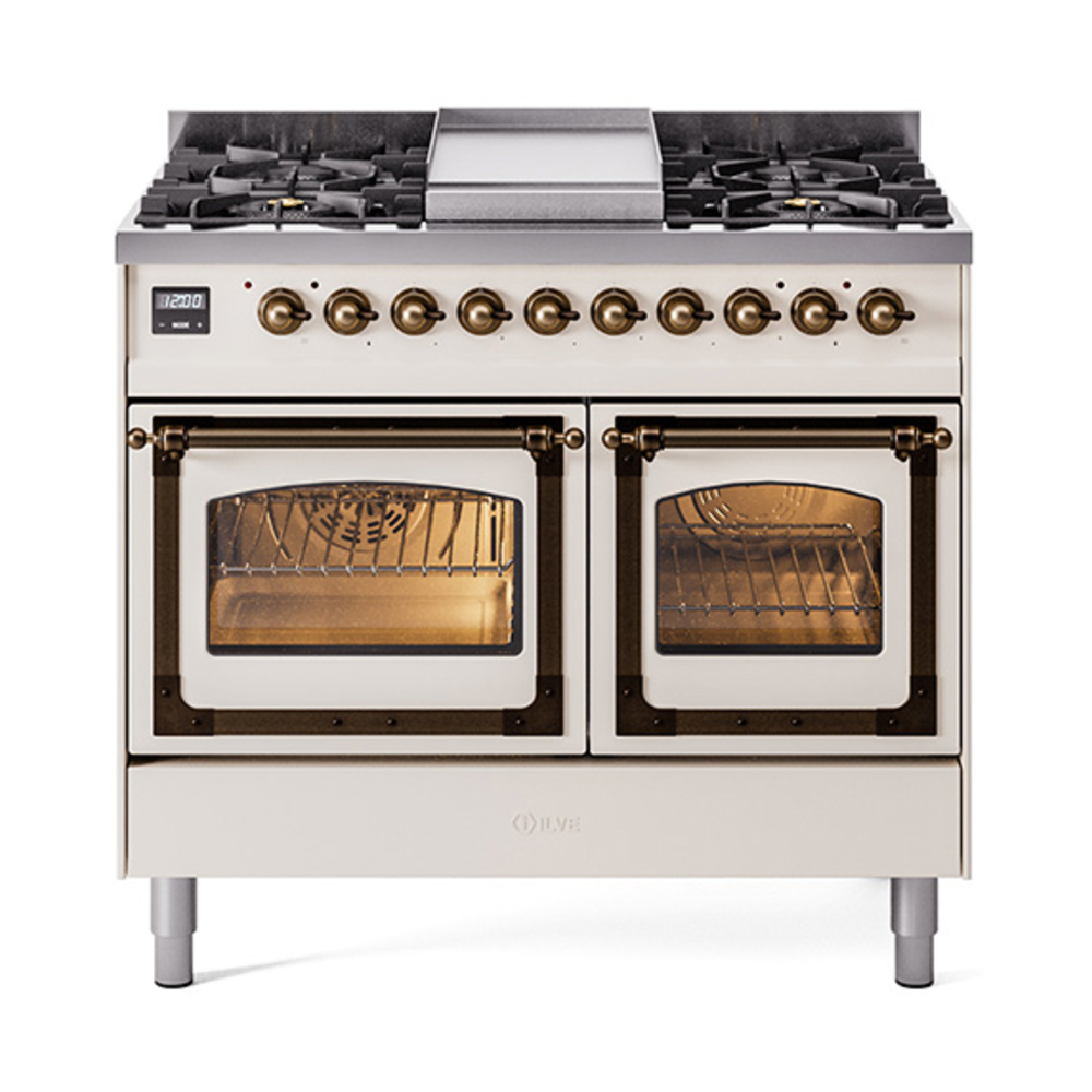 ILVE UND40FNMPAWBLP Nostalgie II Noblesse 40" Dual Fuel Range (Liquid Propane, Triple Glass Door, Antique White, Burnished)