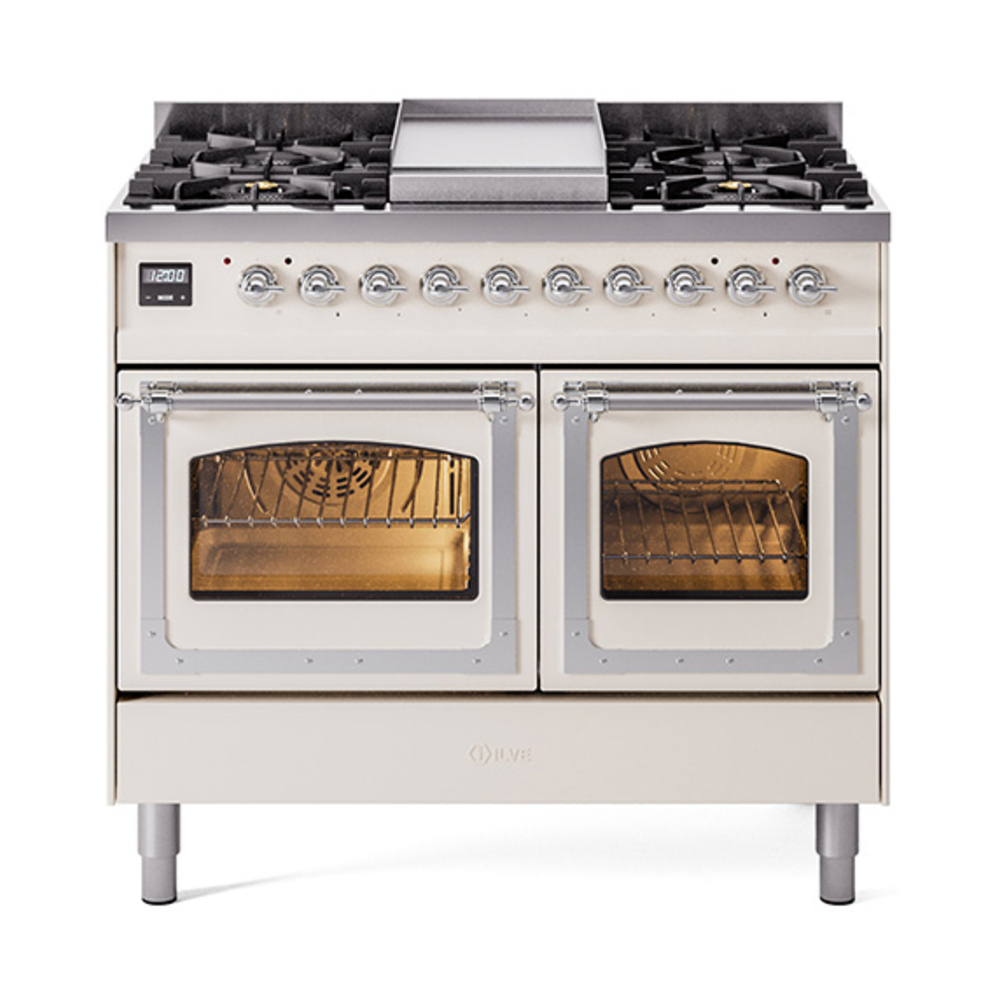 ILVE UND40FNMPAWCLP Nostalgie II Noblesse 40" Dual Fuel Range (Liquid Propane, Triple Glass Door, Antique White, Chrome)