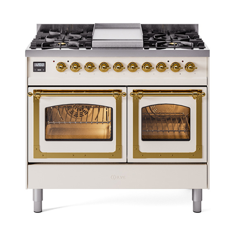 ILVE UND40FNMPAWGLP Nostalgie II Noblesse 40" Dual Fuel Range (Liquid Propane, Triple Glass Door, Antique White, Brass)