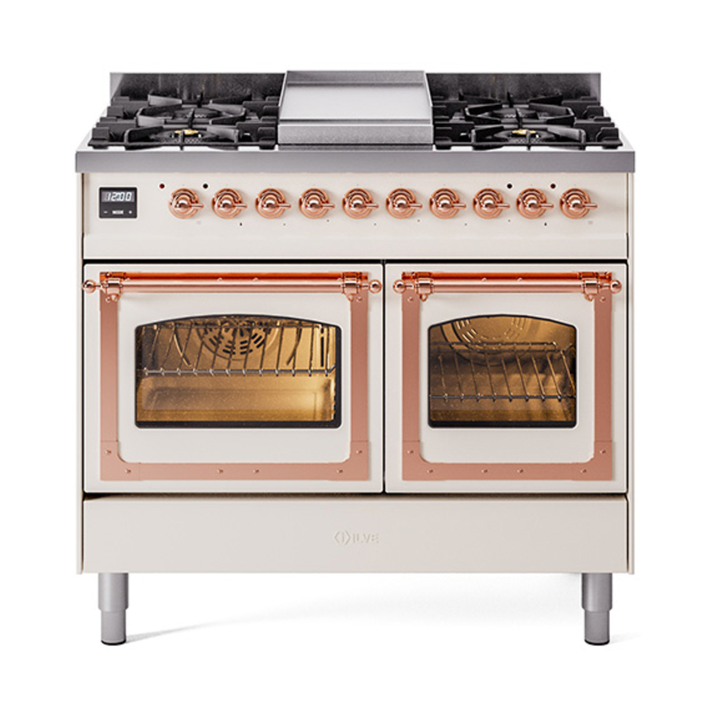 ILVE UND40FNMPAWPLP Nostalgie II Noblesse 40" Dual Fuel Range (Liquid Propane, Triple Glass Door, Antique White, Copper)