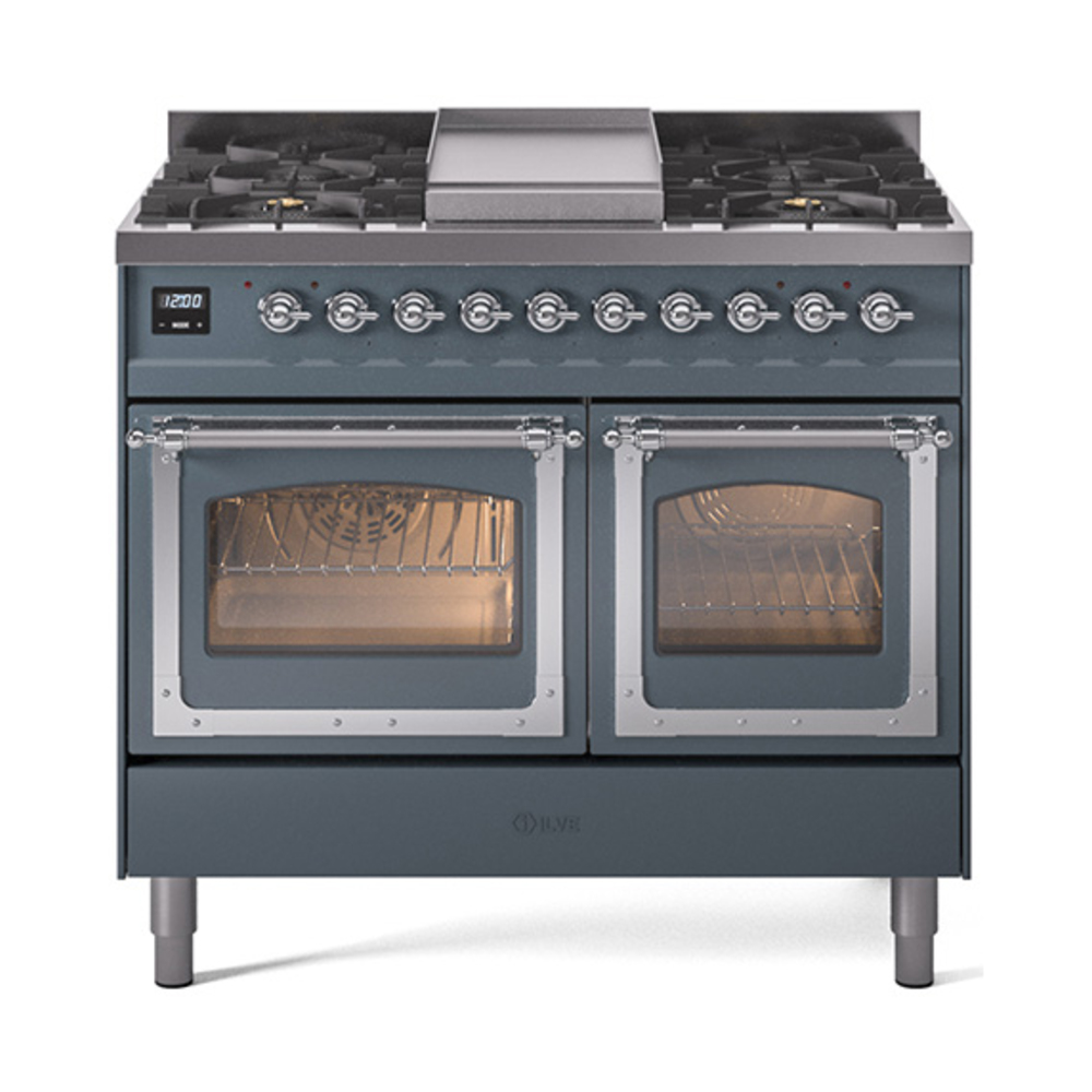 ILVE UND40FNMPBGCLP Nostalgie II Noblesse 40" Dual Fuel Range (Liquid Propane, Triple Glass Door, Blue Grey, Chrome)