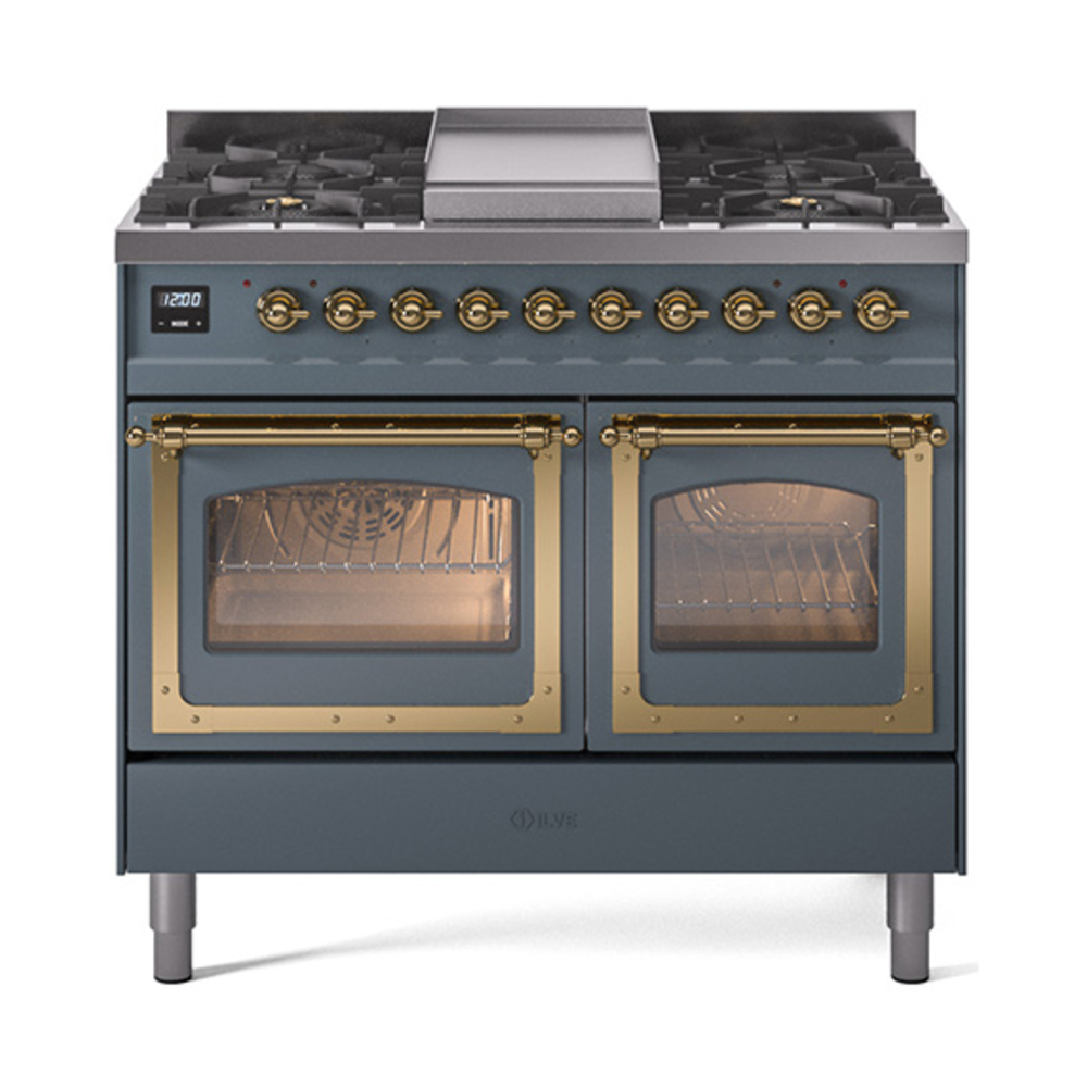 ILVE UND40FNMPBGGLP Nostalgie II Noblesse 40" Dual Fuel Range (Liquid Propane, Triple Glass Door, Blue Grey, Brass)