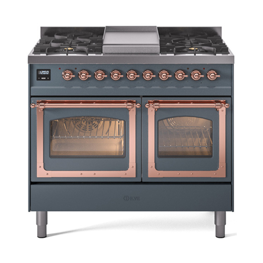 ILVE UND40FNMPBGPLP Nostalgie II Noblesse 40" Dual Fuel Range (Liquid Propane, Triple Glass Door, Blue Grey, Copper)